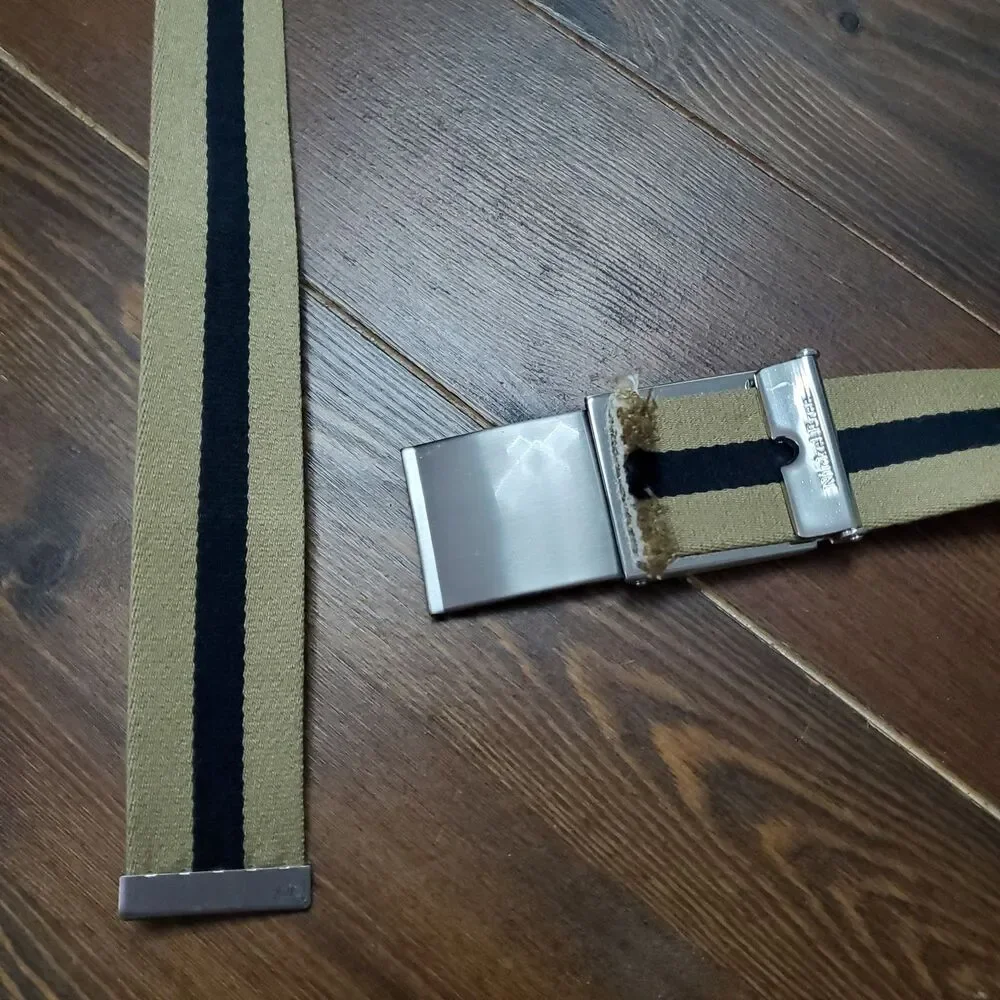 Ratchet Belt Mens 40-42 Beige Canvas Silvertone Buckle Reversible to Blue Stripe